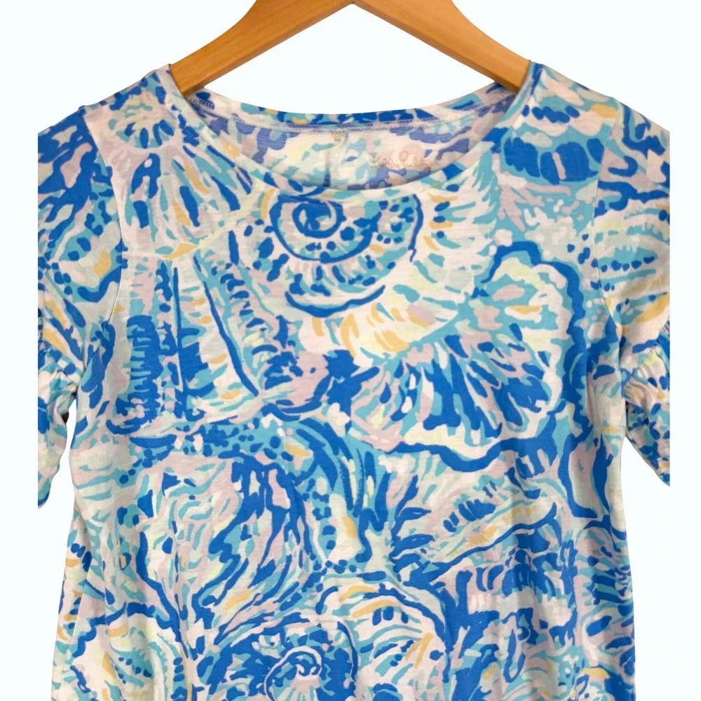 Lilly Pulitzer Dress Kids XL 12-14 Blue White Seashell Print Ruffle Sleeve 29157
